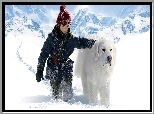 Dziecko, Félix Bossuet, Pirenejski pies górski, Góry, Alpy, Zima