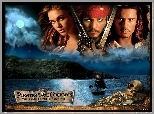 Piraci Z Karaibow Johnny Depp, Keira Knightley, Orlando Bloom, księżyc, woda