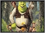 Shrek, Osioł, Fiona, Pinokio, Ciastek, Kot, Świnki, Las