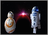 Film, Gwiezdne wojny, Star Wars, Roboty, R2-D2, BB-8, Planeta, Gwiazdy