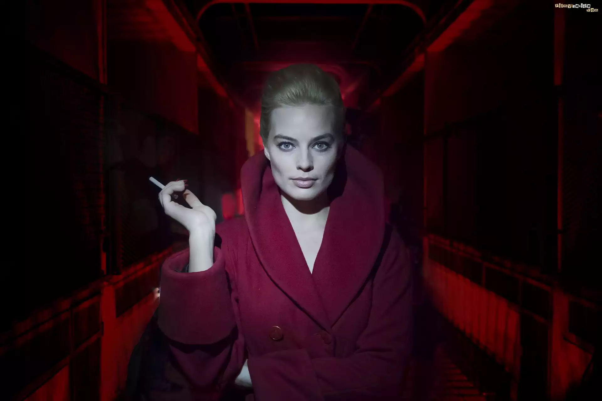 Kobieta, Aktorka, Margot Robbie, Film, Terminal, Płaszcz, Papieros