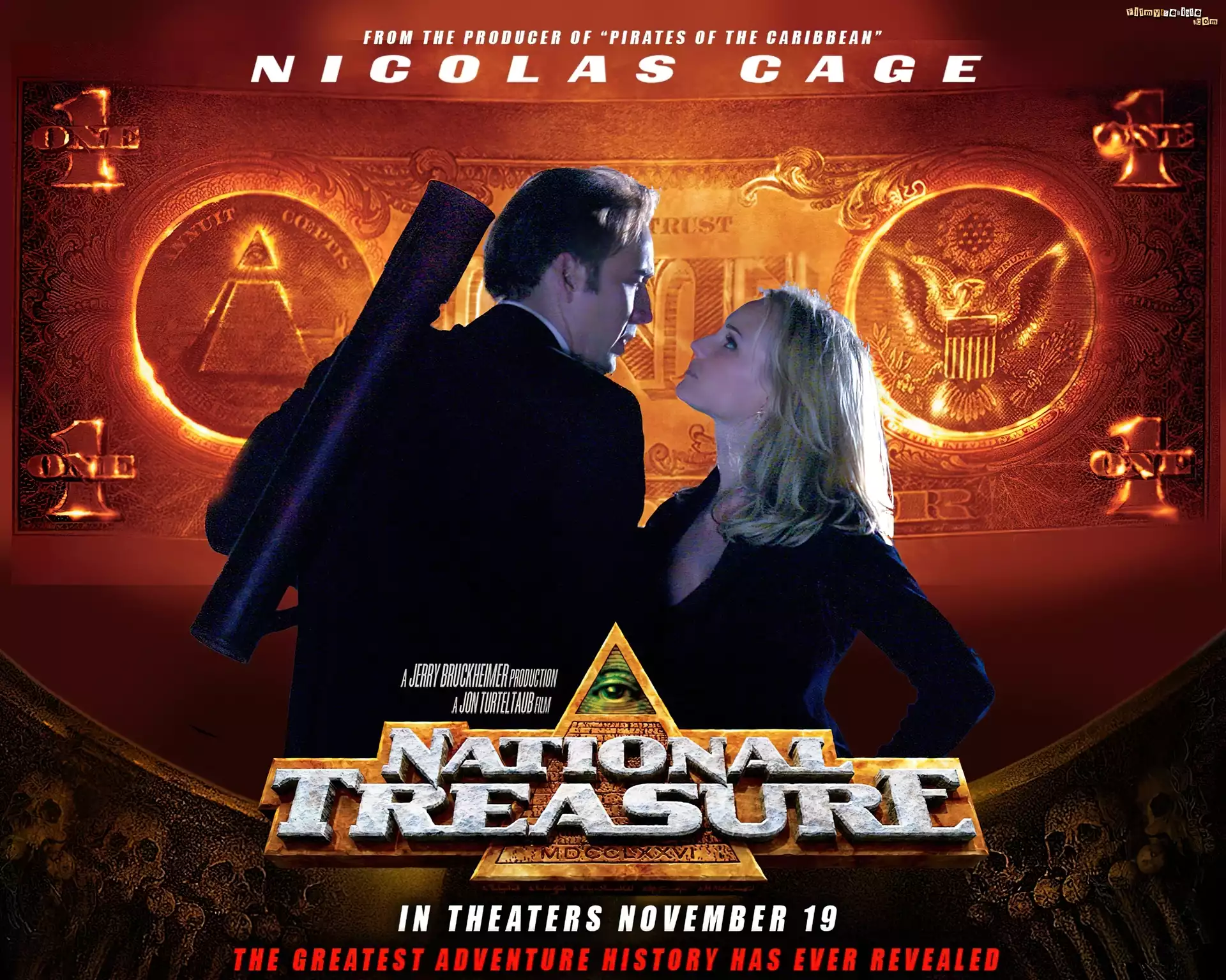 National Treasure 1, Nicolas Cage, Diane Kruger, złoty, banknot