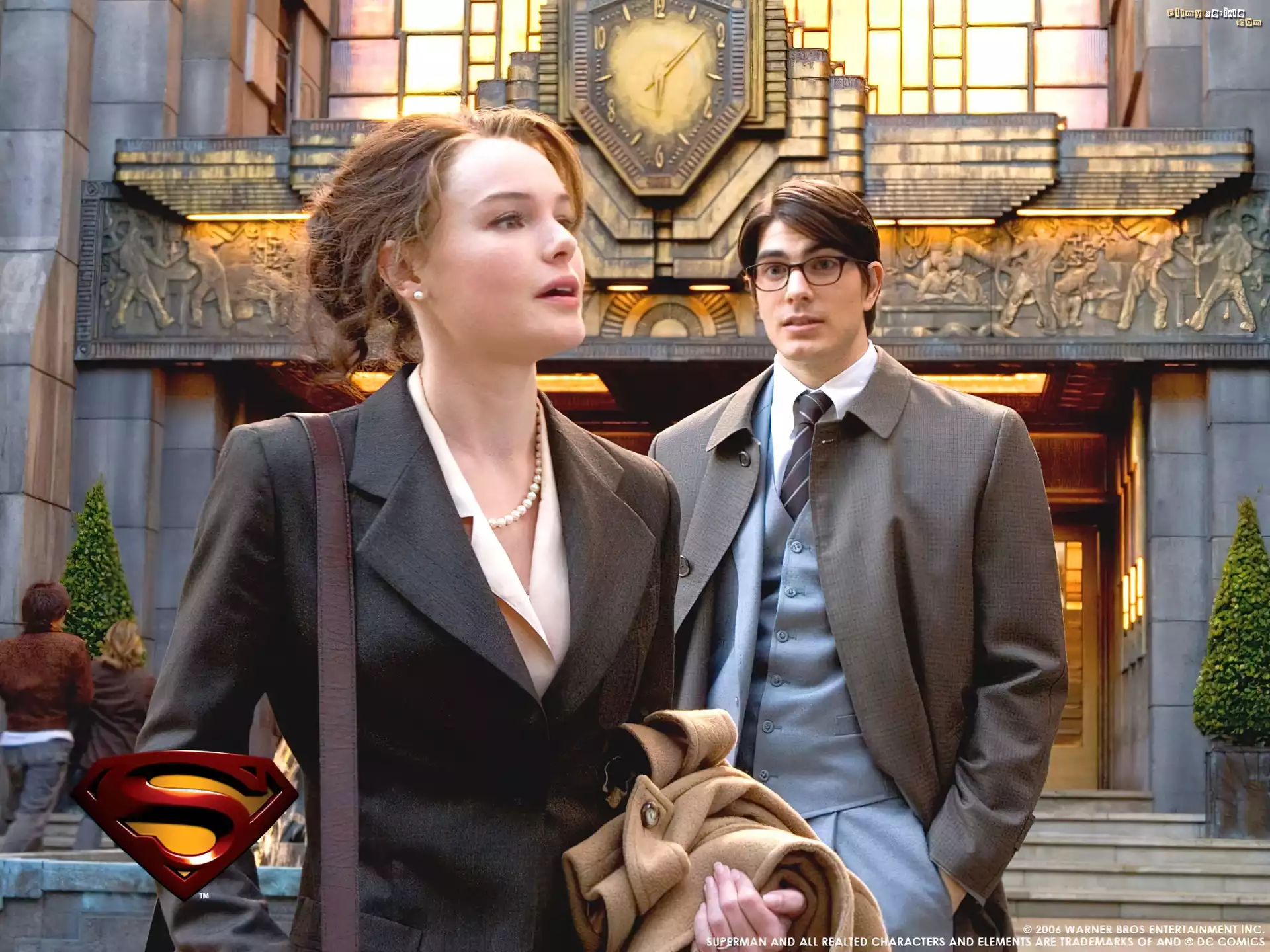 Superman Returns, Kate Bosworth, Brandon Routh, zegar, płaszcz, budynek