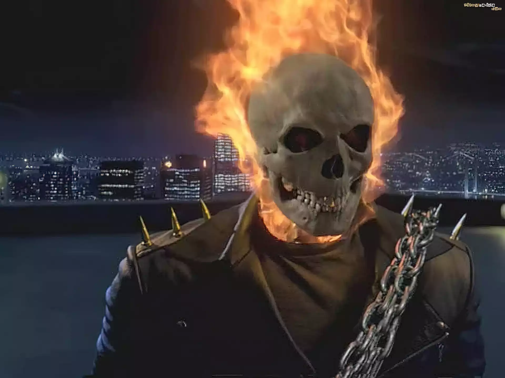 Ghost Rider, czaszka, ogień, wieżowce
