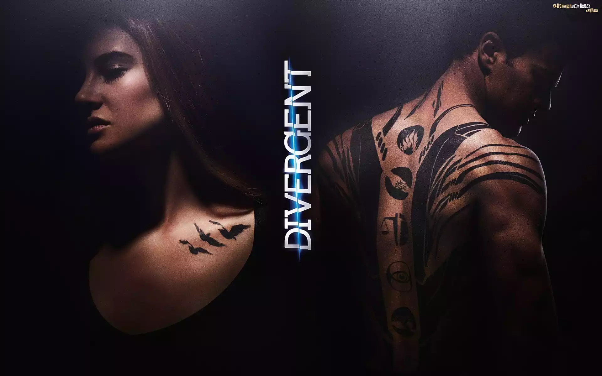 Film, Divergent, Niezgodna, Aktor, Theo James, Aktorka, Shailene Woodley, Tatuaż, Ptaki, Symbol