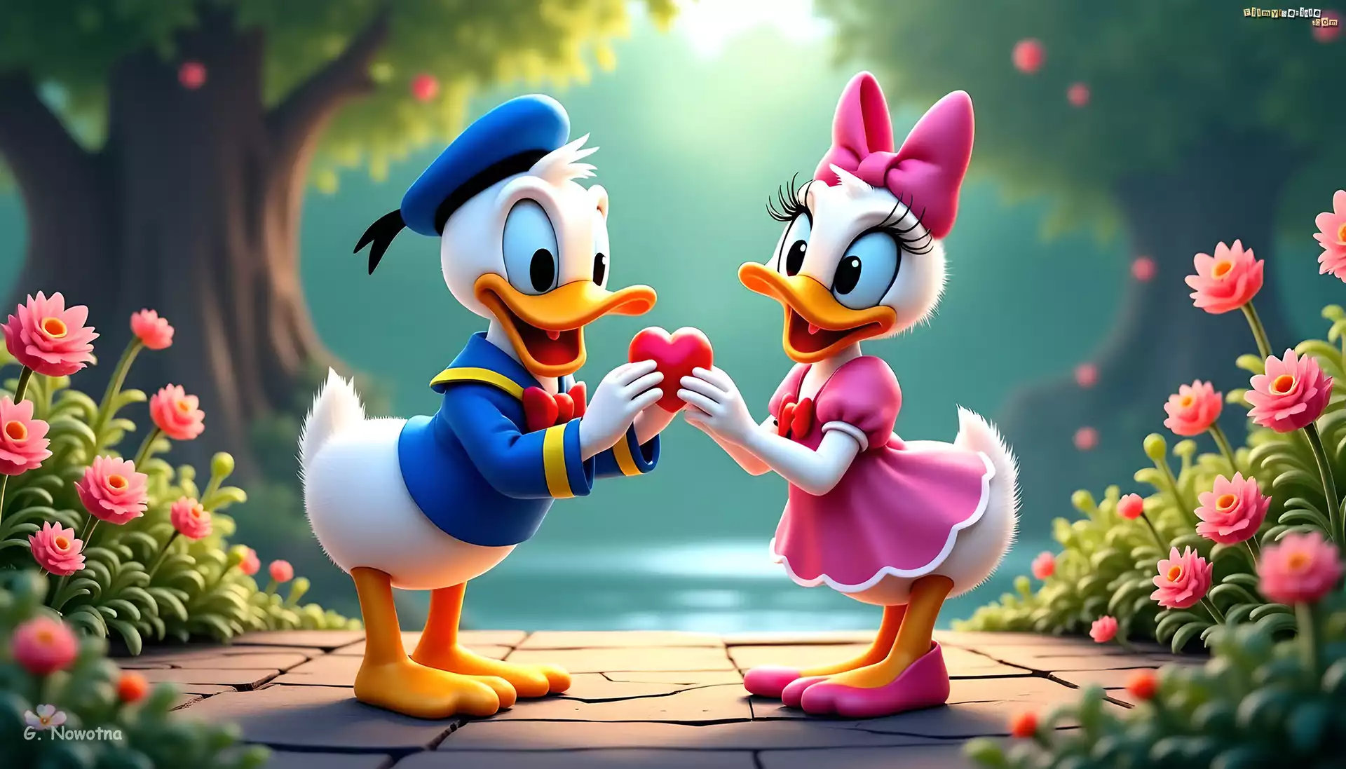 Kaczor Donald, Kaczka Daisy, Kwiaty, Serce, Bajka, Disney, Grafika AI