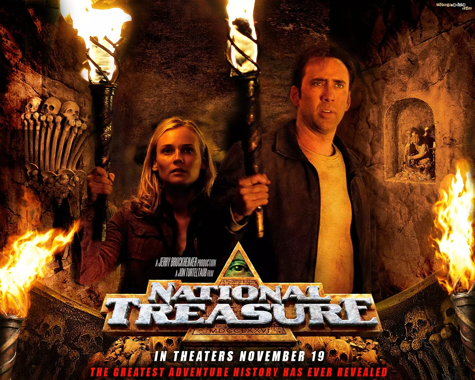 National Treasure 1, Diane Kruger, Nicolas Cage, pochodnie, podziemie