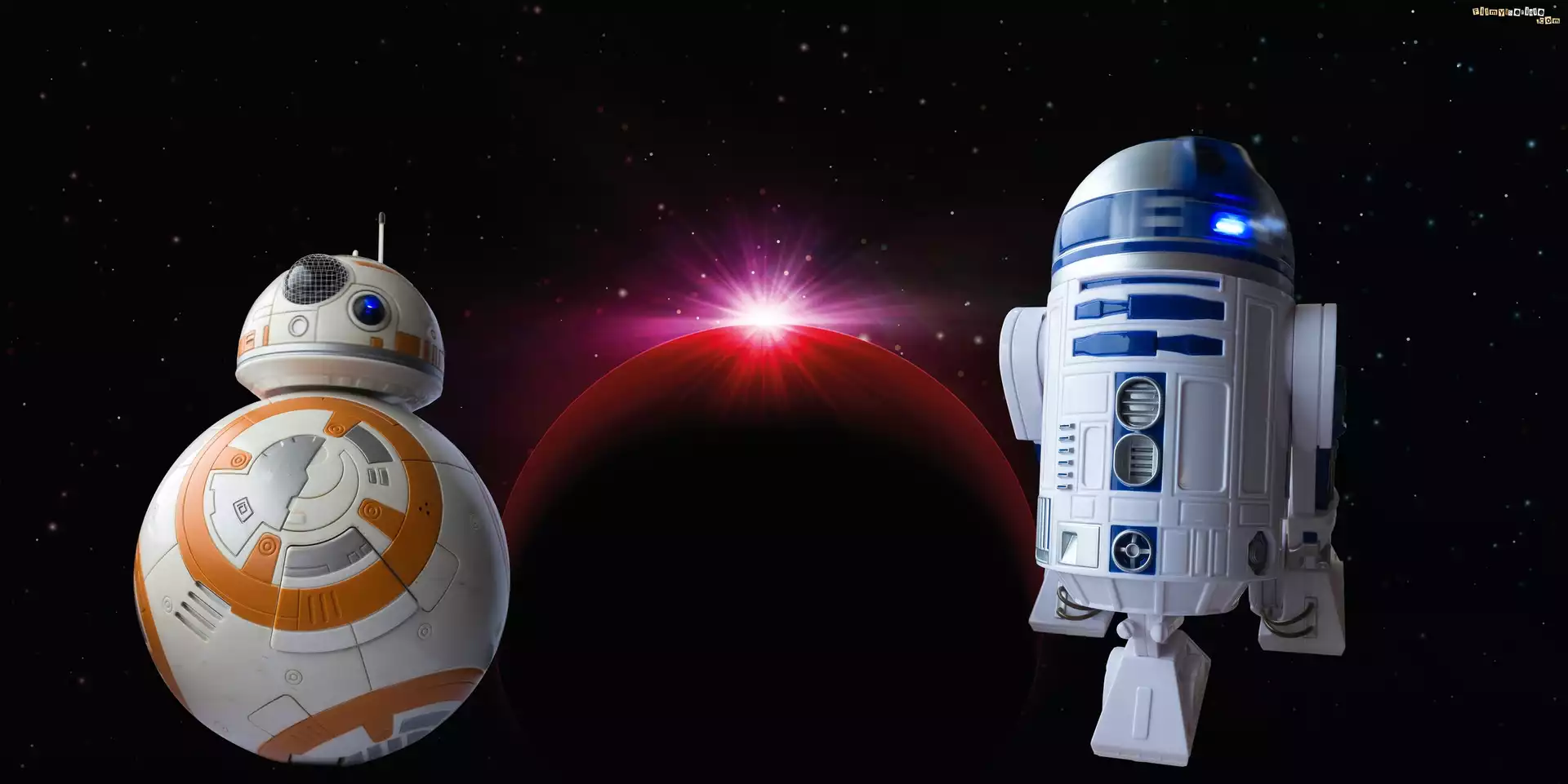 Film, Gwiezdne wojny, Star Wars, Roboty, R2-D2, BB-8, Planeta, Gwiazdy