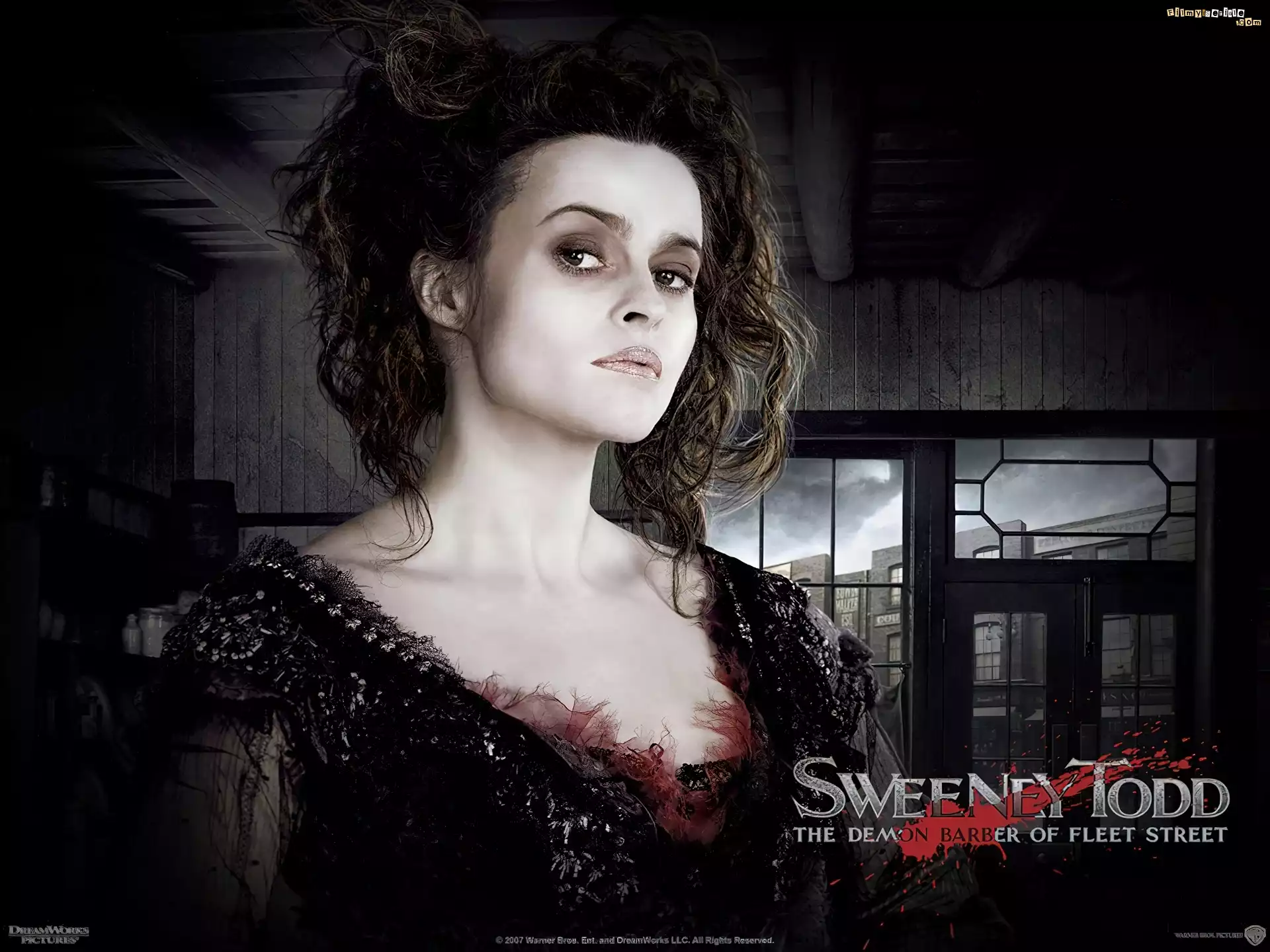 Sweeney Todd, Helena Bonham Carter, drewniany dom, fryzura, suknia