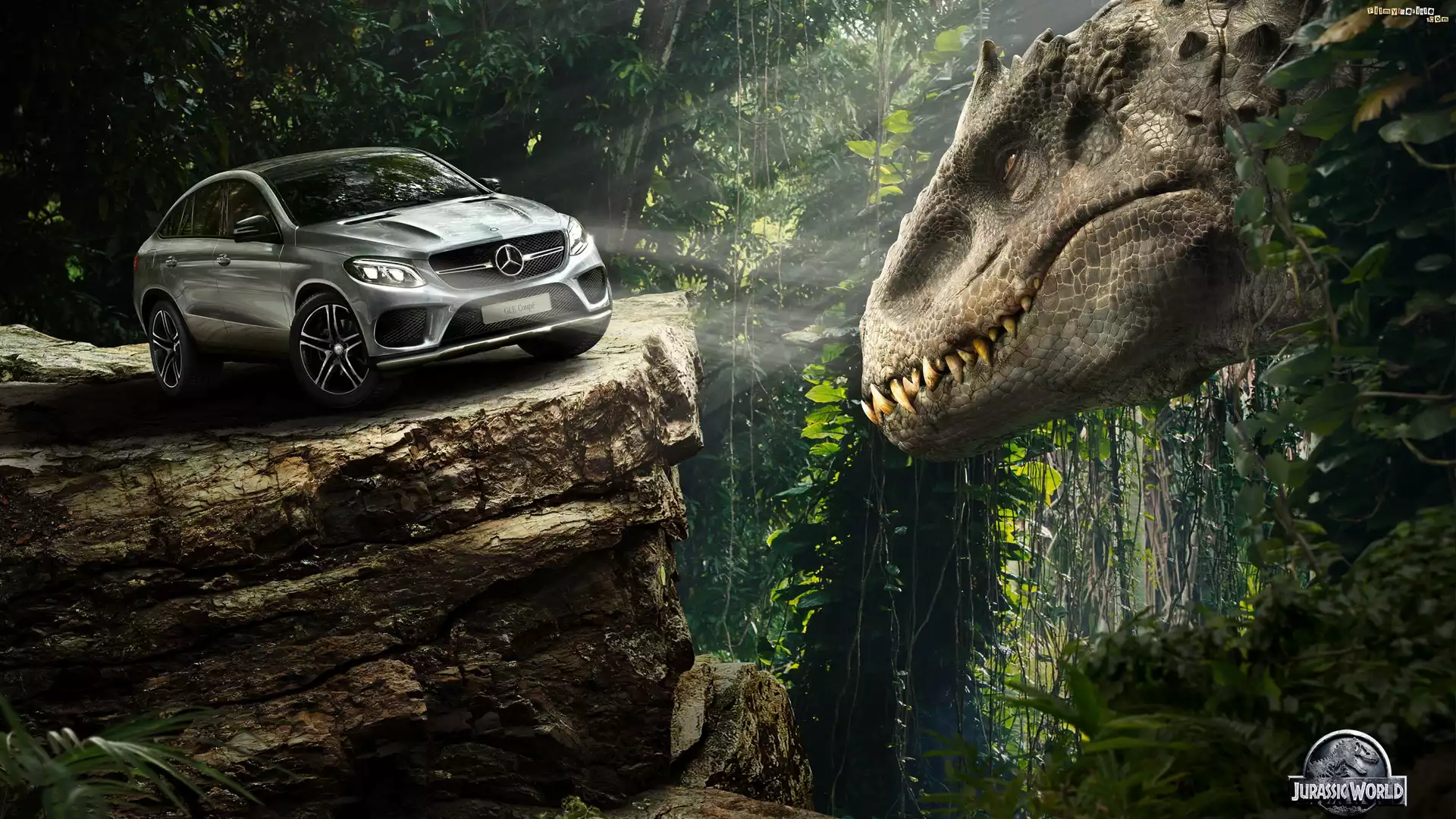 Film, Jurassic World, Dinozaur, Skała, Samochód, Mercedes-Benz GLE Coupe, Dżungla